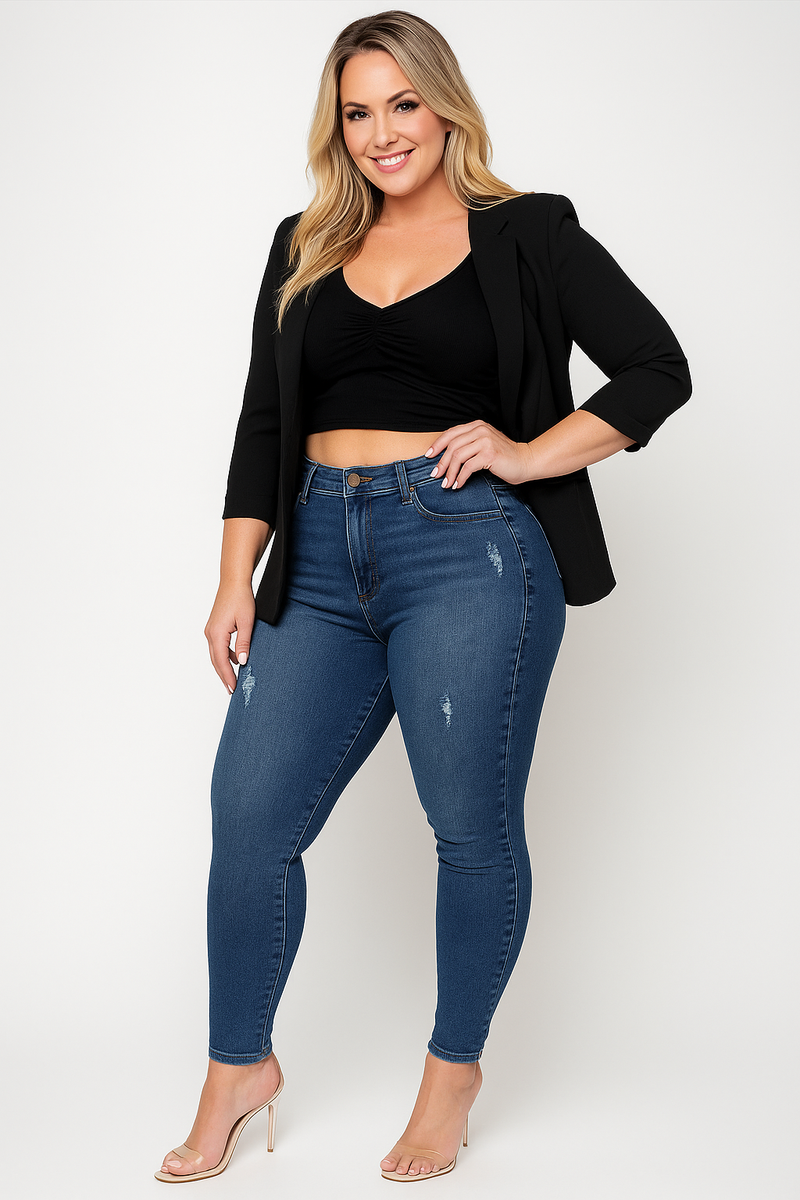 Dames Hoge Taille Slim-Fit Jeans - Elastische Gescheurde Denim Shorts met Blauwe Rij Knopen - Perfect voor Dagelijks Gebruik
