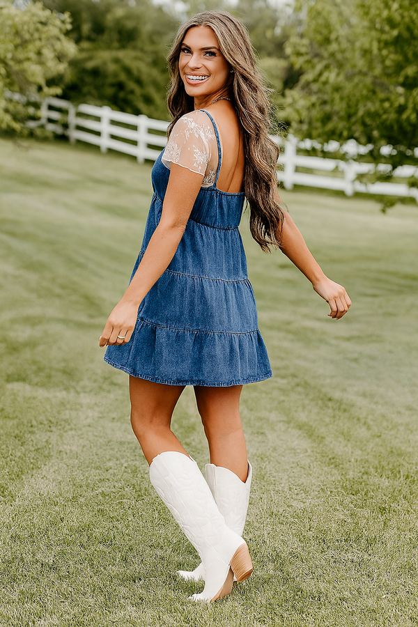 Tiered Denim Mini Dress with Lace Top & Western Boots