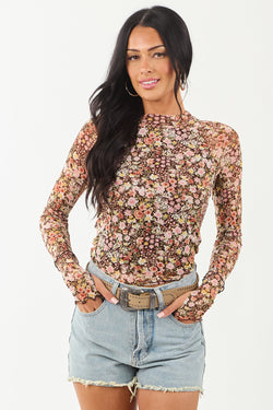 Chic Chocolate Floral Print Mesh Long Sleeve Top for Women - Stylish & Lightweight Blouse