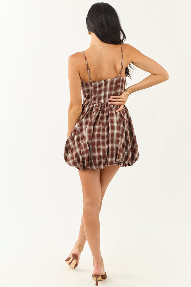 Chic Chocolate Plaid Bubble Hem Cotton Mini Dress for Women - Stylish & Comfortable Summer Fashion