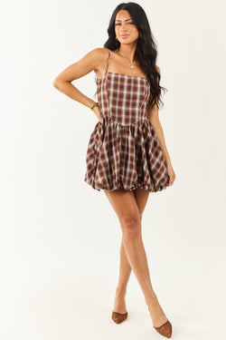 Chic Chocolate Plaid Bubble Hem Cotton Mini Dress for Women - Stylish & Comfortable Summer Fashion