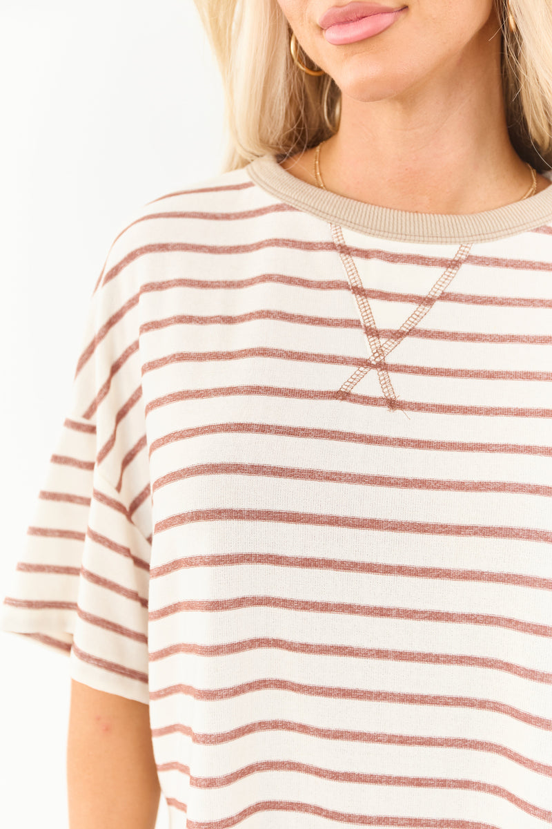 Cinnamon & Ivory Striped Knit Relaxed Half Sleeve Top for Women - Comfortable Casual Wear