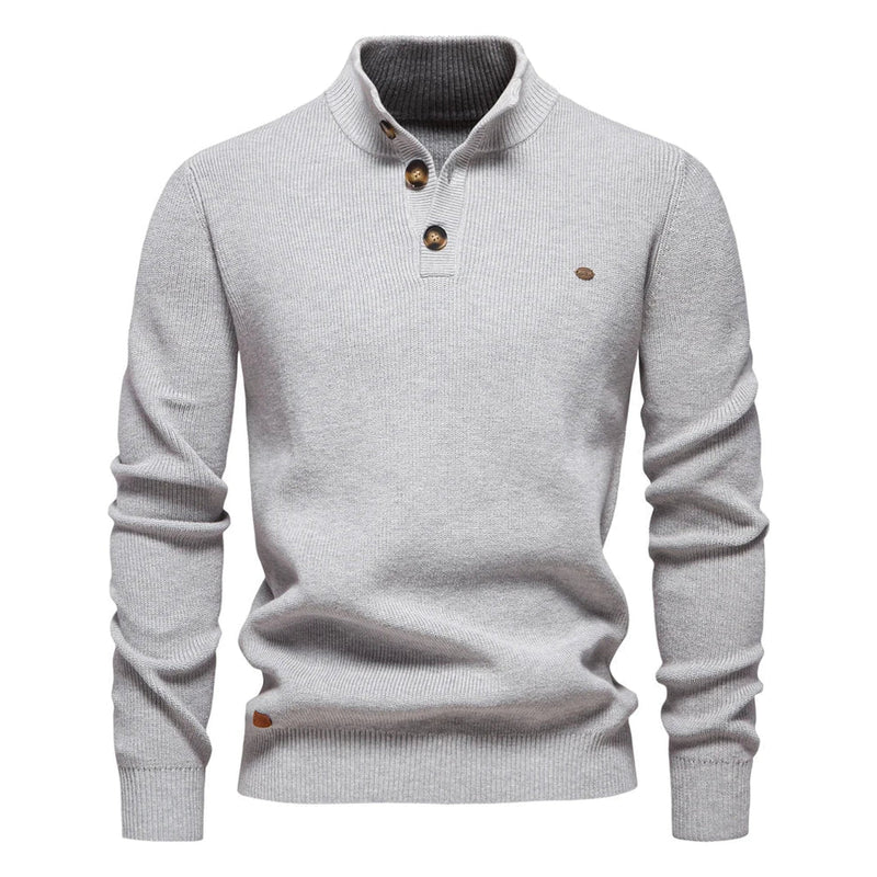 Men's Tailored Fit Knitted Jumper with Stand Collar - Stylish Button-Up Sweater