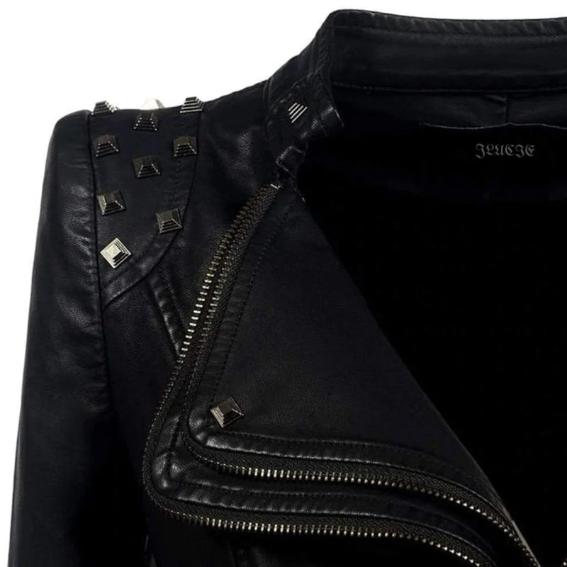 Women's Fitted Biker Leather Jacket - Studded Lapel & Cuffs, Zippered Details - Stylish & Durable Outerwear