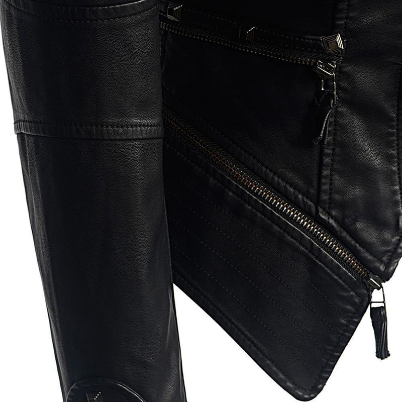 Women's Fitted Biker Leather Jacket - Studded Lapel & Cuffs, Zippered Details - Stylish & Durable Outerwear