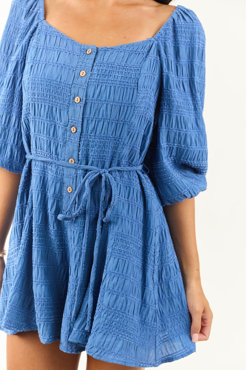 Chic Cobalt Velvet Puff Sleeve Wide Leg Romper - Textured Fashion Statement