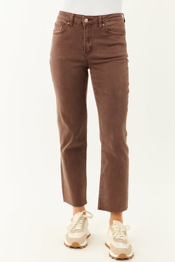 Women's Coffee Cropped High Rise Stretchy Straight Jeans - Comfortable & Stylish Fit