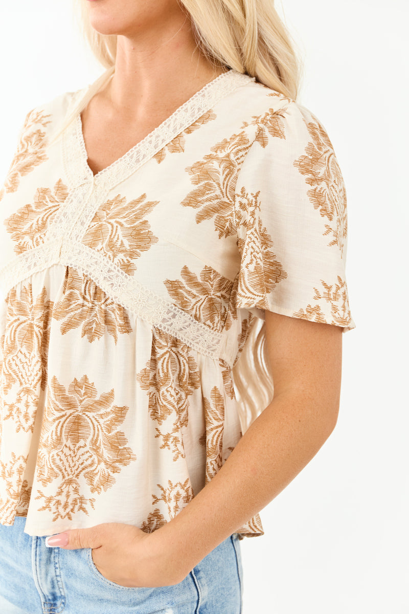 Elegant Cream Damask Print Short Sleeve Lace Top for Women - Stylish and Versatile Blouse