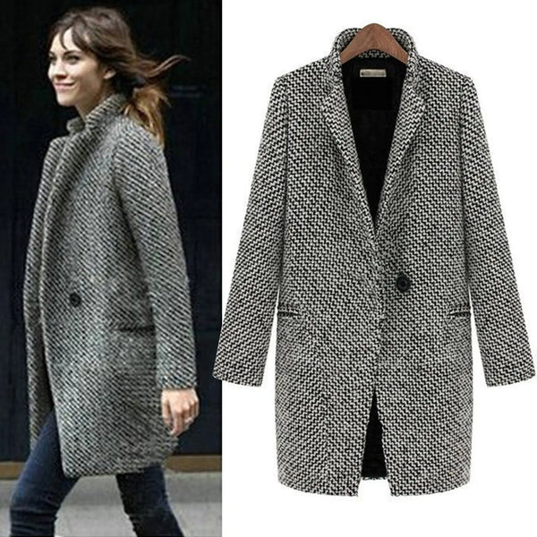 Women's Tailored Houndstooth Winter Coat - Stylish Button Closure, Warm & Chic Outerwear