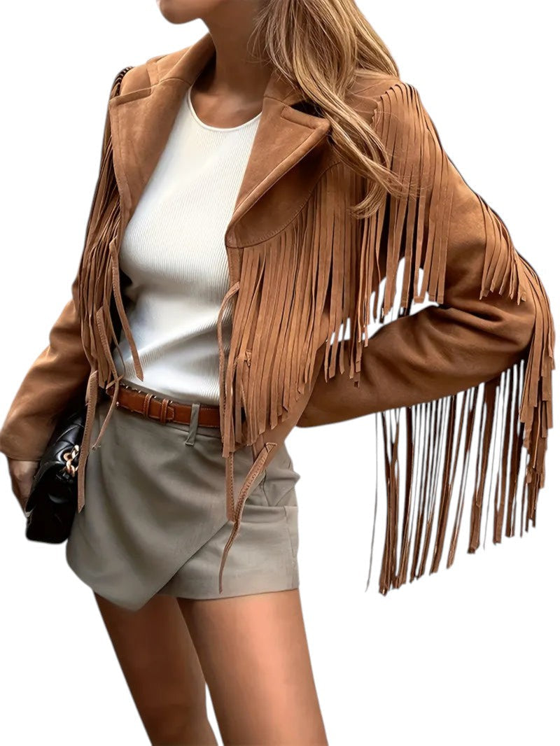 Stylish Women's Suede Fringed Jacket - Boho Chic Outerwear for Fall & Winter
