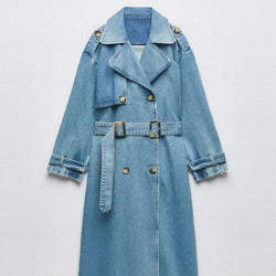 Women's Oversized Denim Trench Coat - Stylish Button Front Design for Ultimate Comfort