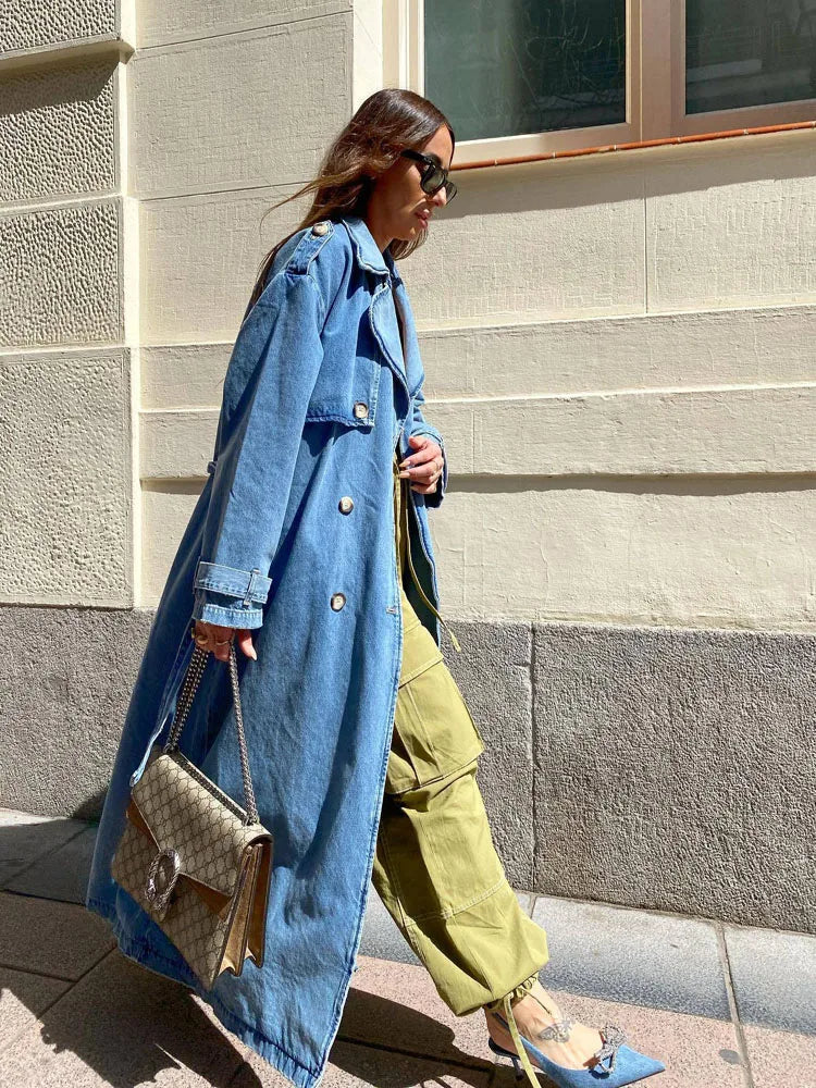 Women's Oversized Denim Trench Coat - Stylish Button Front Design for Ultimate Comfort