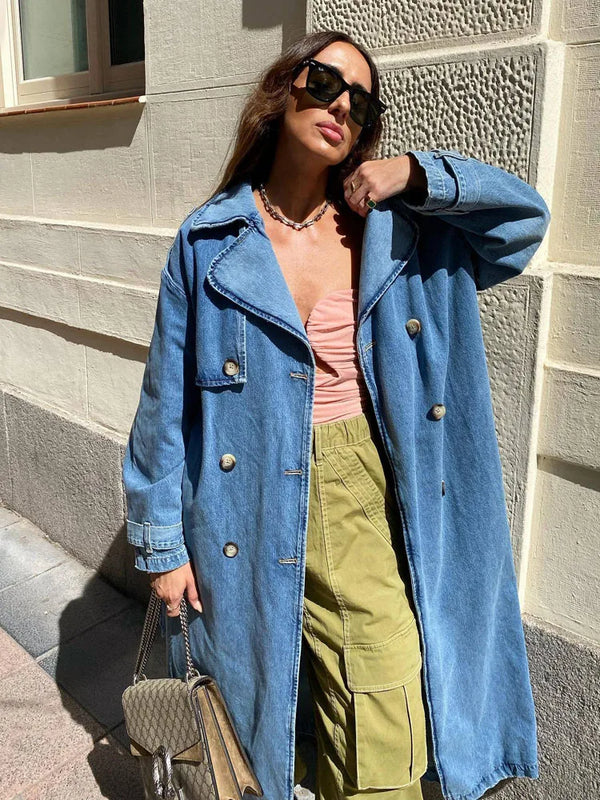 Women's Oversized Denim Trench Coat - Stylish Button Front Design for Ultimate Comfort