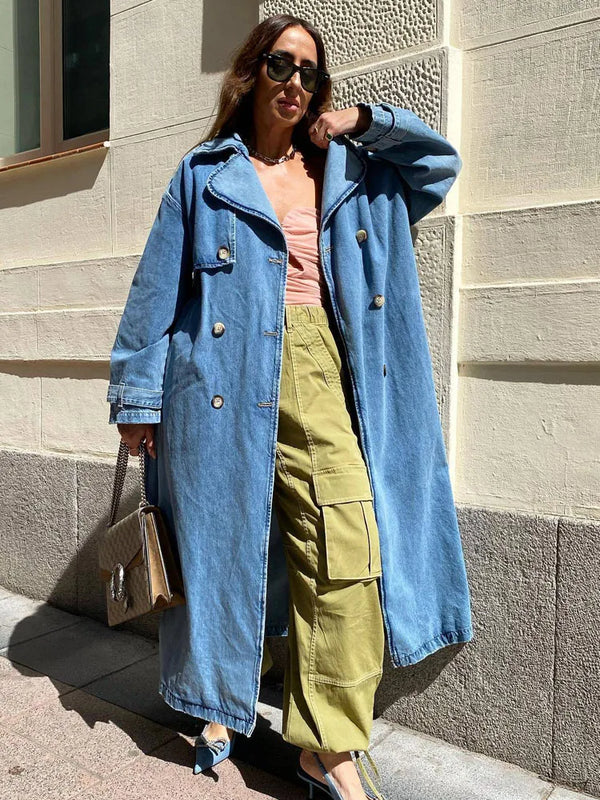 Women's Oversized Denim Trench Coat - Stylish Button Front Design for Ultimate Comfort