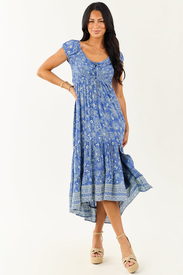 Dusty Blue Floral Midi Dress with Smocked Bust and Cap Sleeves - Perfect for Summer Events