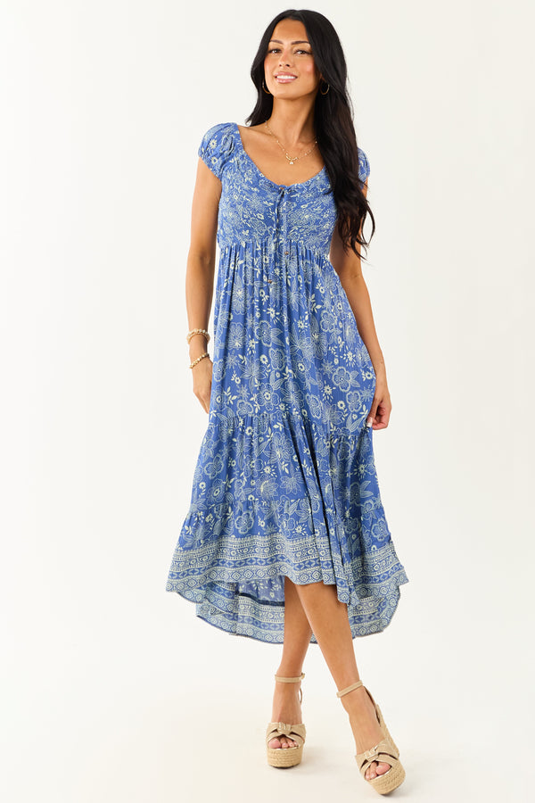 Dusty Blue Floral Midi Dress with Smocked Bust and Cap Sleeves - Perfect for Summer Events