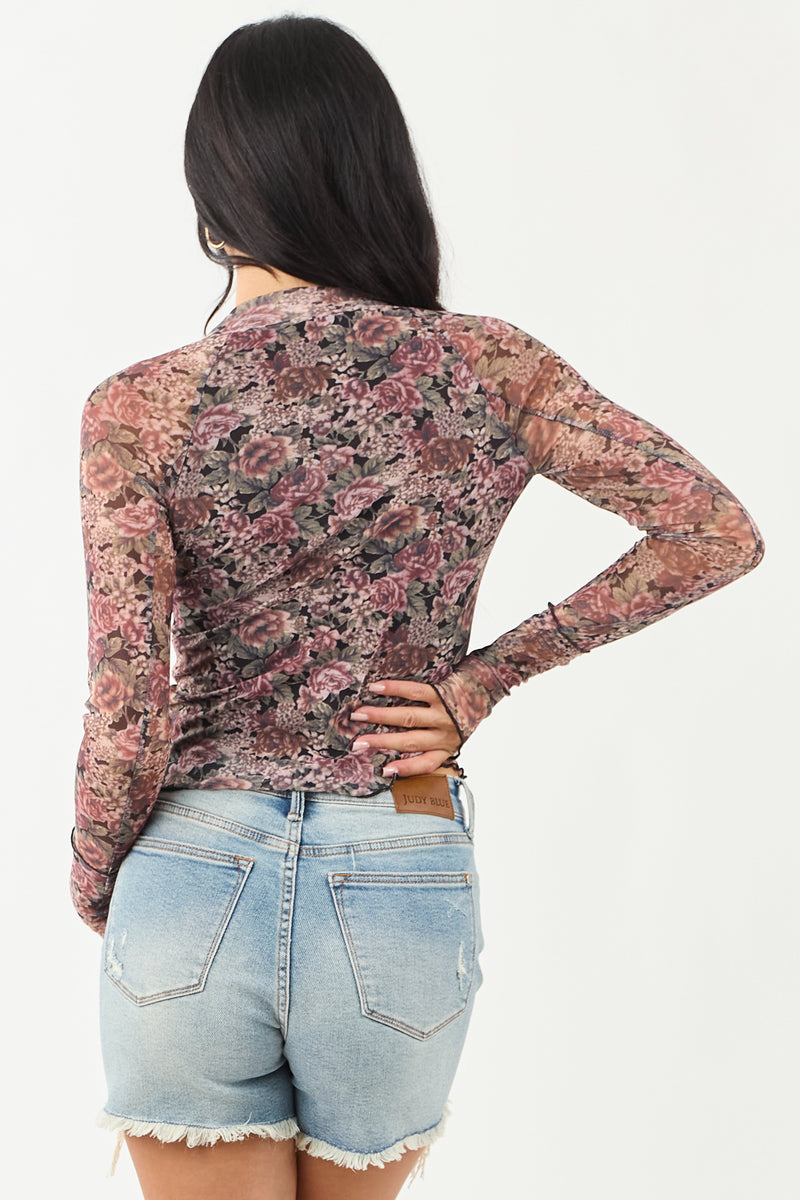 Women's Dusty Rose Floral Mesh Long Sleeve Mock Neck Top - Elegant & Trendy Blouse