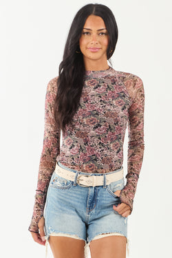 Women's Dusty Rose Floral Mesh Long Sleeve Mock Neck Top - Elegant & Trendy Blouse