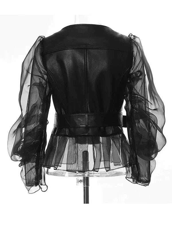 Women's Faux Leather Jacket with Sheer Ruffled Sleeves, Belted Waist & Front Zip Closure - Stylish & Trendy Outerwear