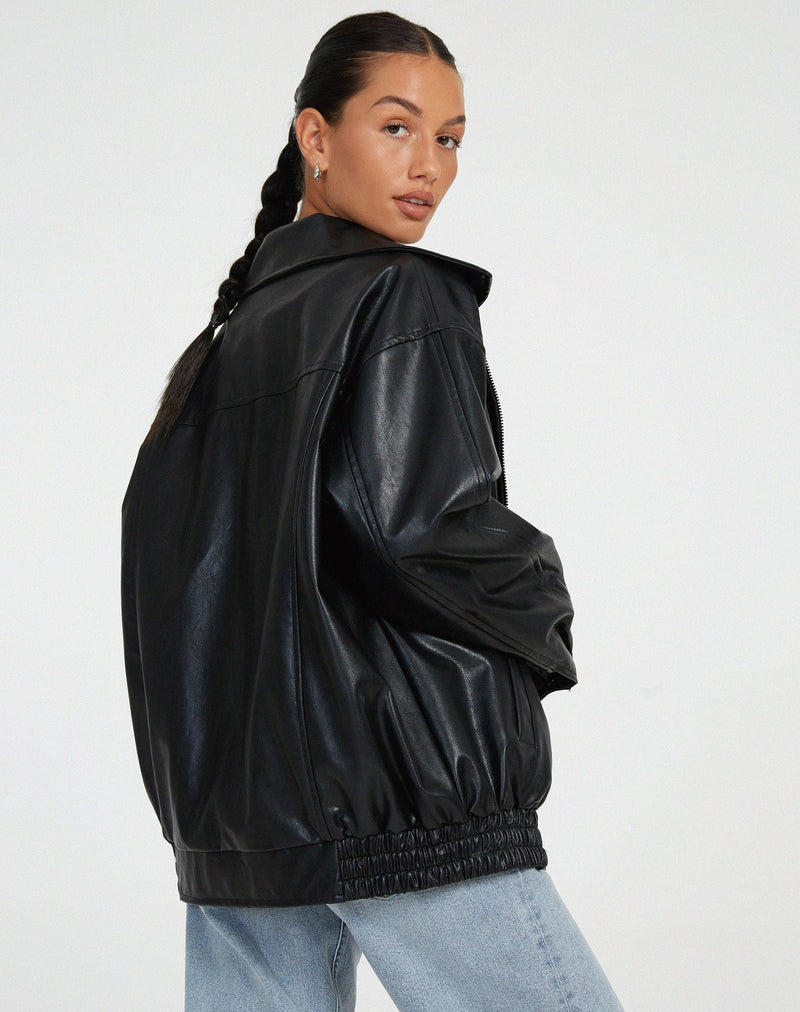 Women's Relaxed Fit Zip-Up Leather Jacket with High Collar - Stylish & Comfortable Outerwear