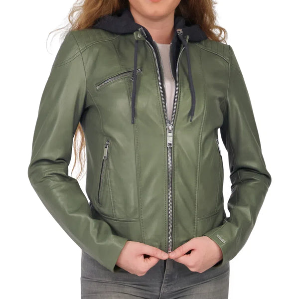 Emma Green Women's Hooded Leather Biker Jacket - Stylish & Durable Motorcycle Outerwear