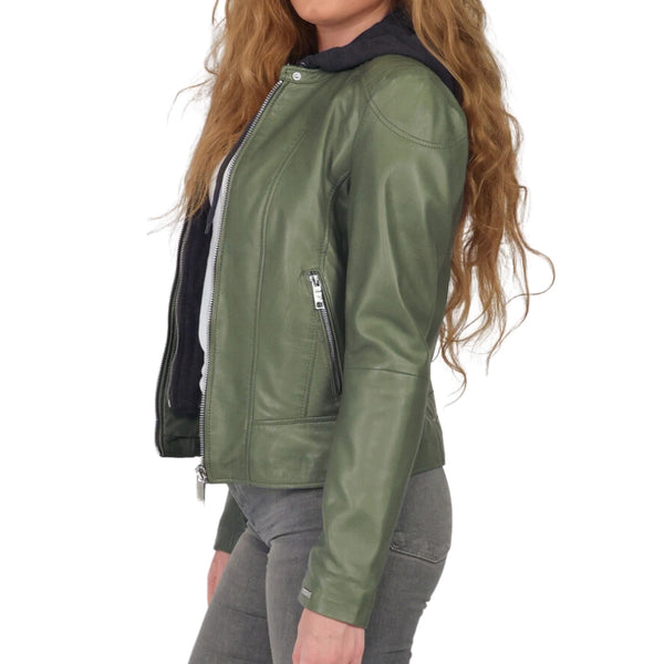 Emma Green Women's Hooded Leather Biker Jacket - Stylish & Durable Motorcycle Outerwear
