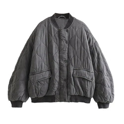 Women's Oversized Quilted Bomber Jacket - Stylish Snap Button Closure & Functional Pockets