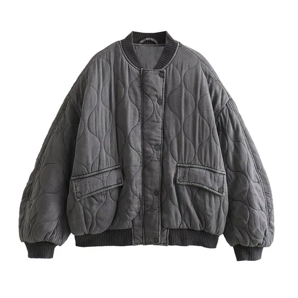 Women's Oversized Quilted Bomber Jacket - Stylish Snap Button Closure & Functional Pockets