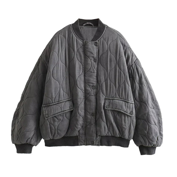 Women's Oversized Quilted Bomber Jacket - Stylish Snap Button Closure & Functional Pockets