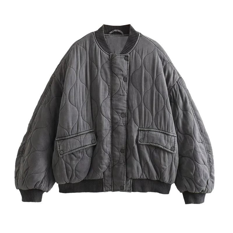 Women's Oversized Quilted Bomber Jacket - Stylish Snap Button Closure & Functional Pockets
