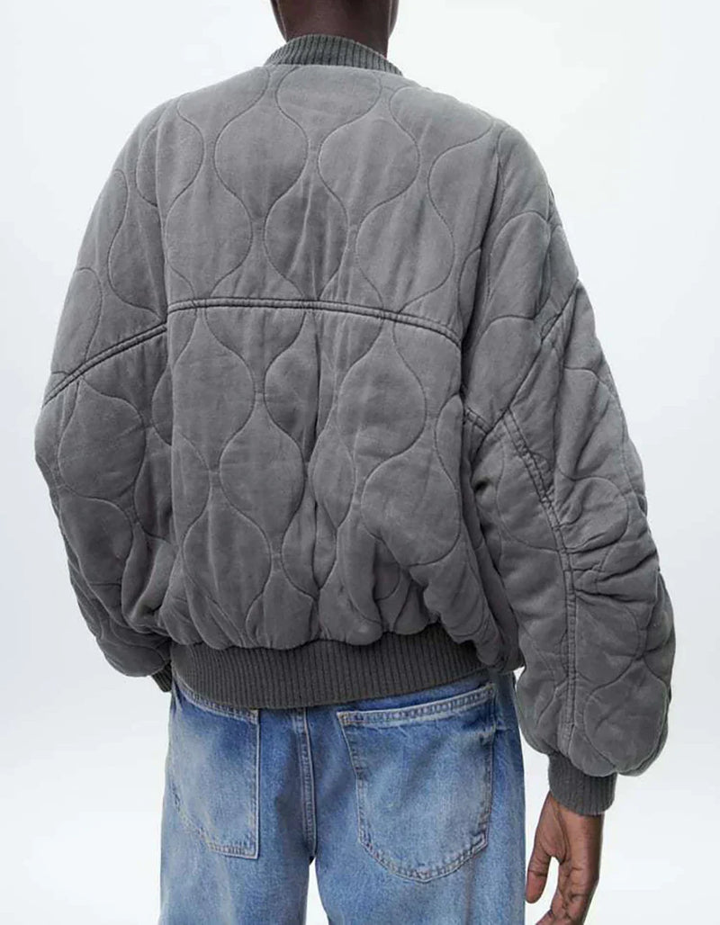 Women's Oversized Quilted Bomber Jacket - Stylish Snap Button Closure & Functional Pockets