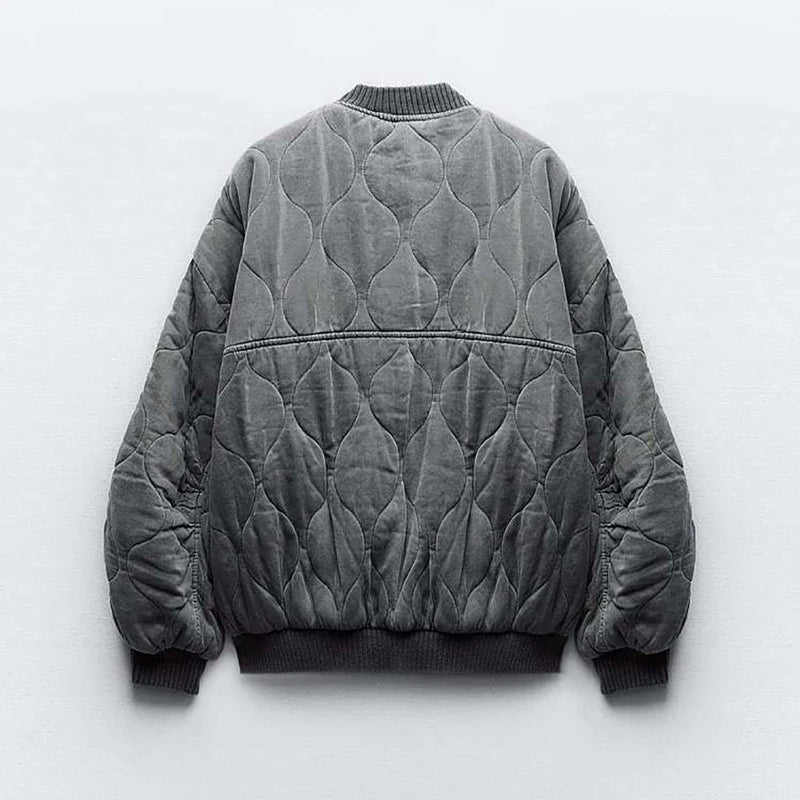 Women's Oversized Quilted Bomber Jacket - Stylish Snap Button Closure & Functional Pockets
