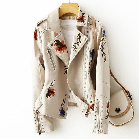 Stylish Women's Embroidered Leather Jacket with Studs - Trendy Fashion Outerwear