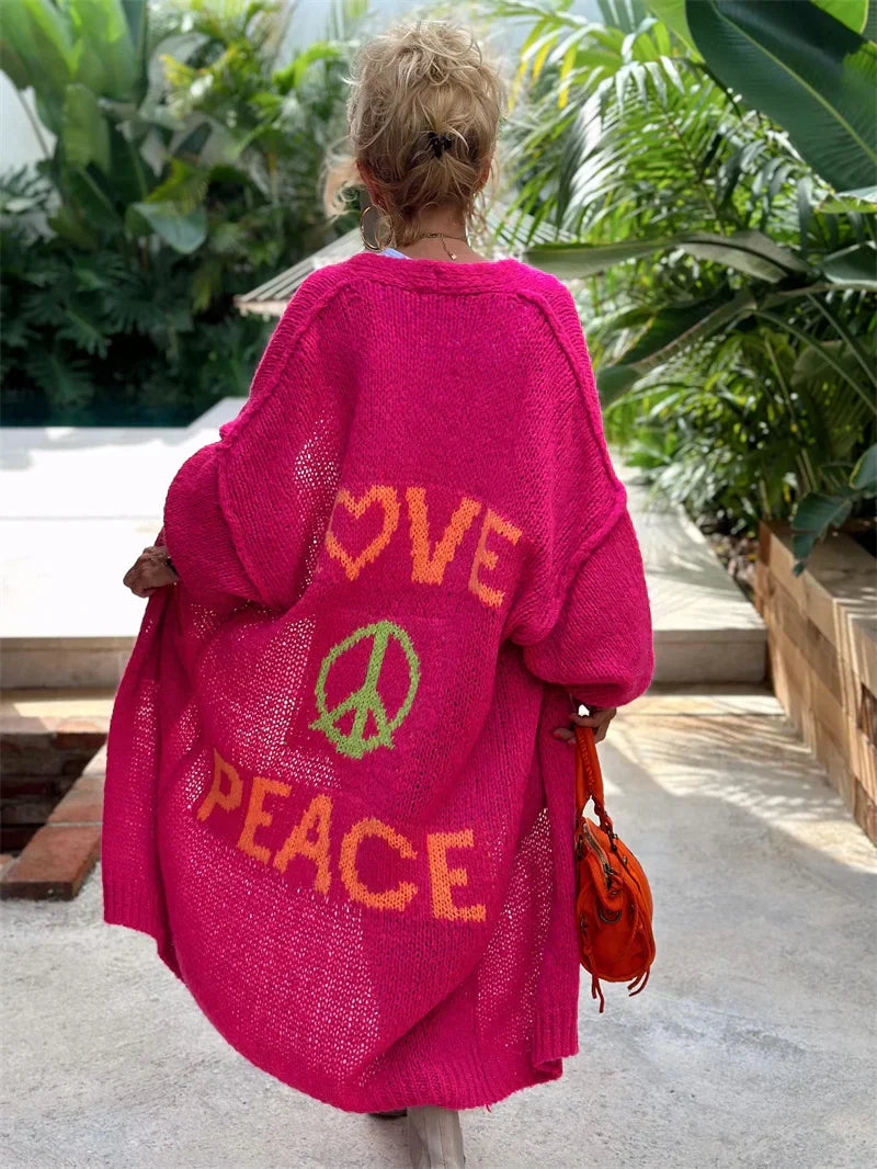 Women's Love & Peace Cardigan - Cozy Boho Knit Sweater for Comfort & Style