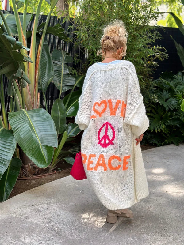 Women's Love & Peace Cardigan - Cozy Boho Knit Sweater for Comfort & Style