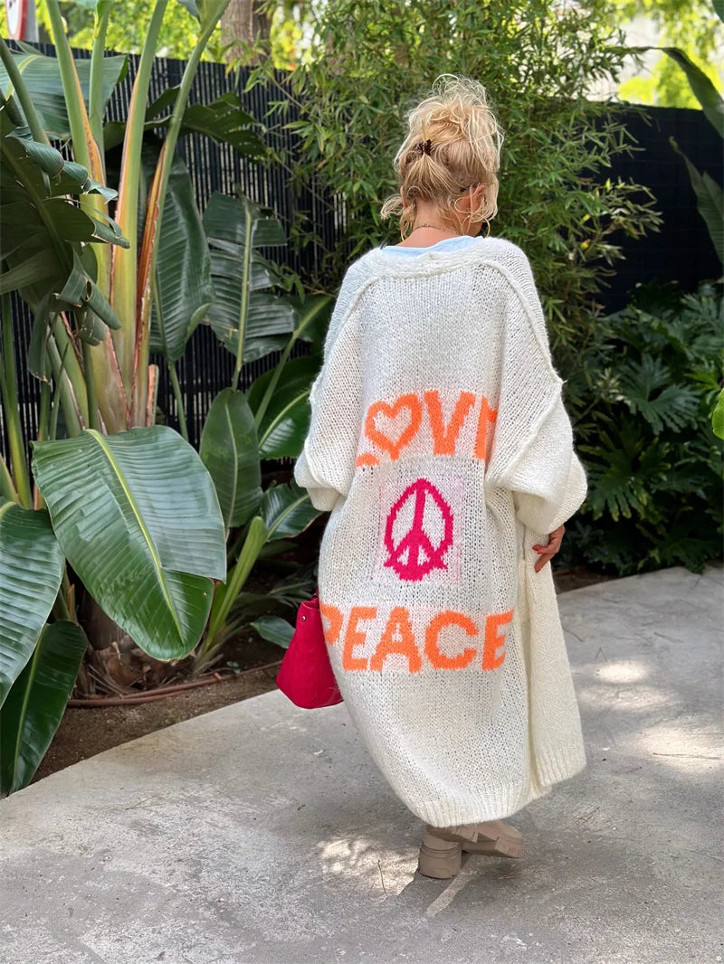 Women's Love & Peace Cardigan - Cozy Boho Knit Sweater for Comfort & Style