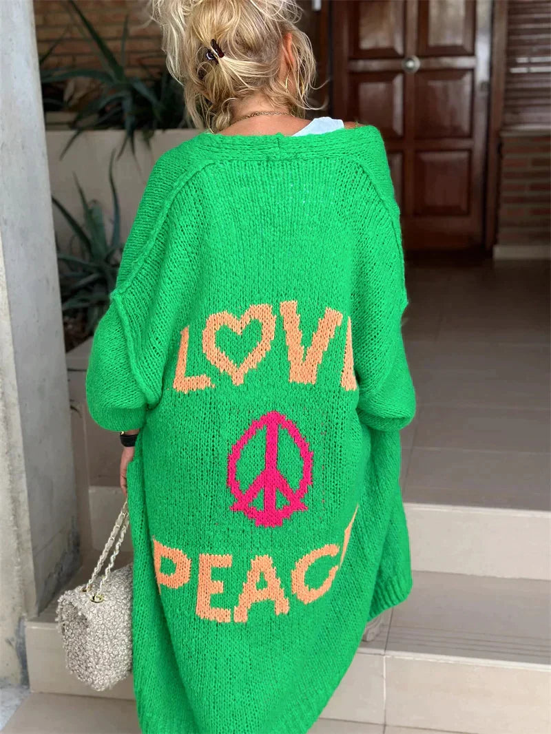 Women's Love & Peace Cardigan - Cozy Boho Knit Sweater for Comfort & Style