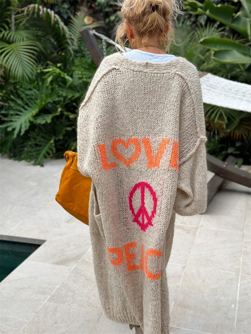 Women's Love & Peace Cardigan - Cozy Boho Knit Sweater for Comfort & Style