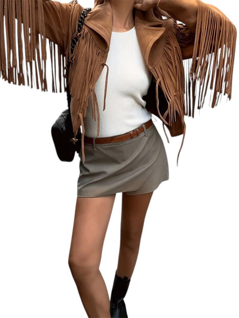 Stylish Women's Suede Fringed Jacket - Boho Chic Outerwear for Fall & Winter