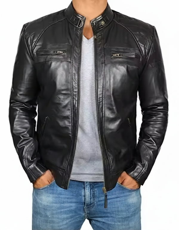 Men's Biker Leather Jacket Stand-up Collar