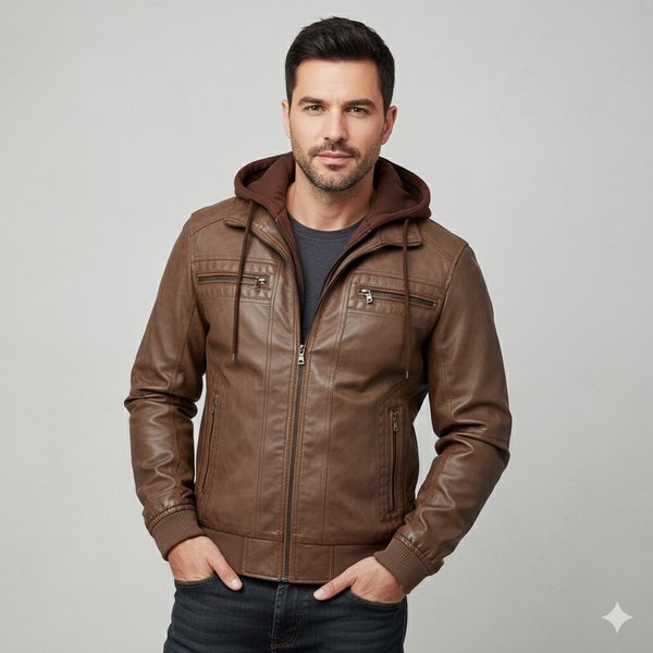 Men's High-Quality Hooded Windproof Streetwear Leather Jacket