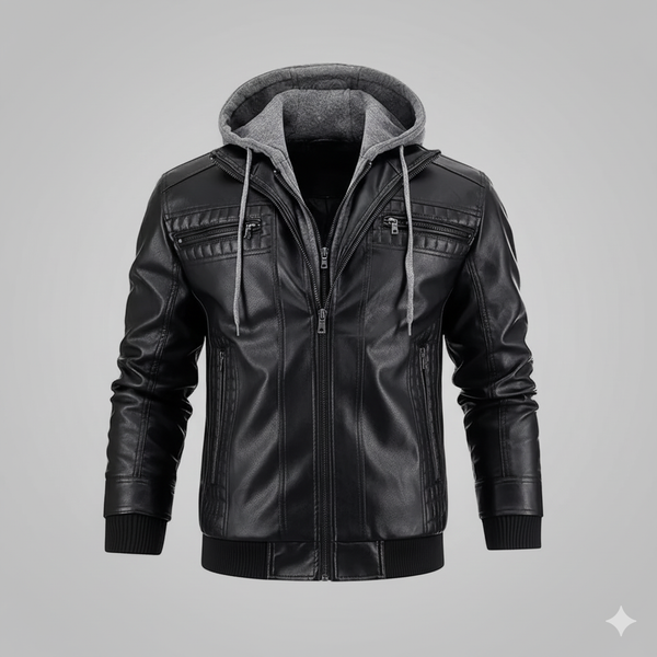 Men's High-Quality Hooded Windproof Streetwear Leather Jacket