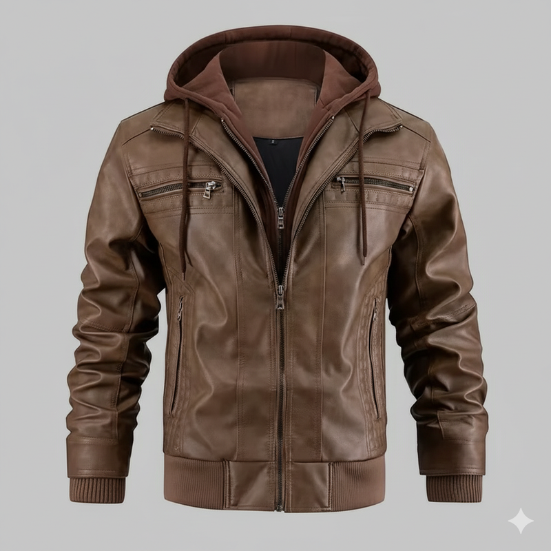 Men's High-Quality Hooded Windproof Streetwear Leather Jacket