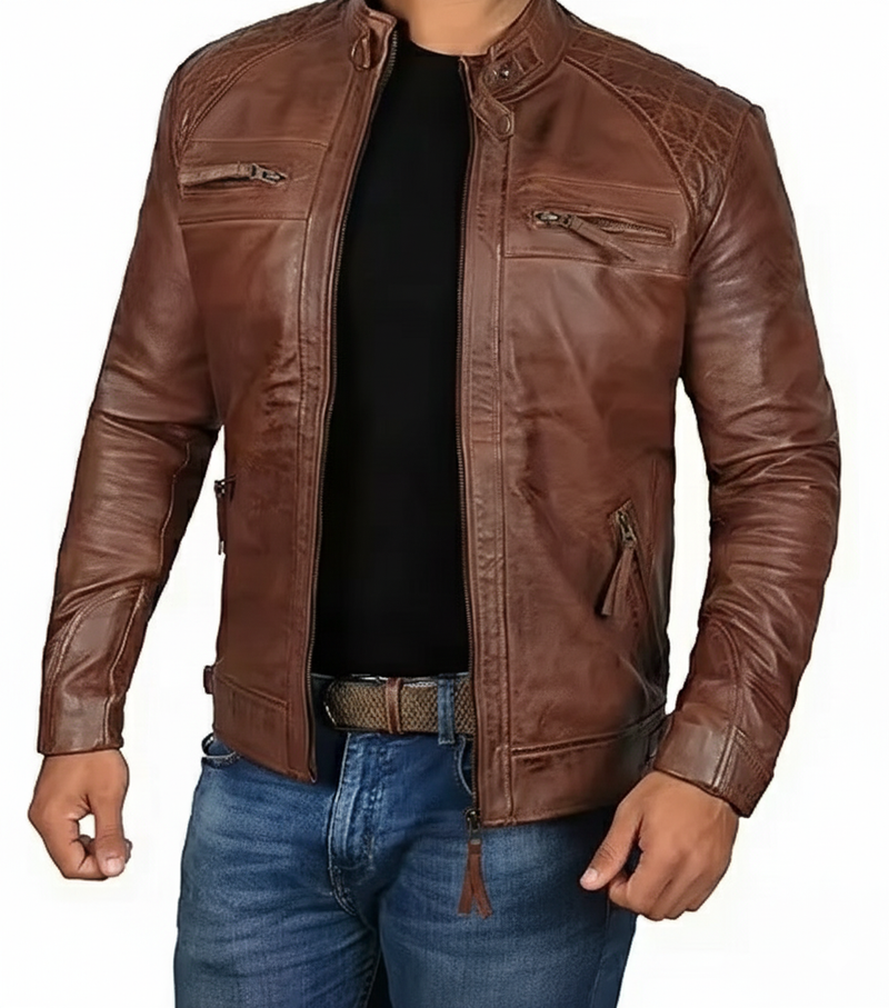 Men's Biker Leather Jacket Stand-up Collar