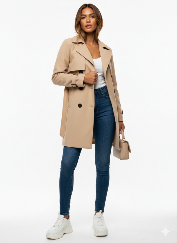 Stylish Women's Double-Breasted Wool Trench Coat - Warm, Elegant Outerwear for Fall & Winter