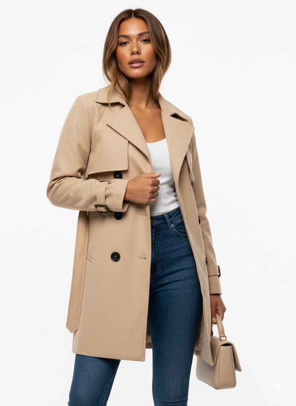 Stylish Women's Double-Breasted Wool Trench Coat - Warm, Elegant Outerwear for Fall & Winter