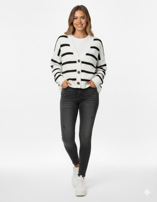 Women's Relaxed Fit Striped Knit Cardigan - Stylish Button-Up Sweater for Everyday Wear
