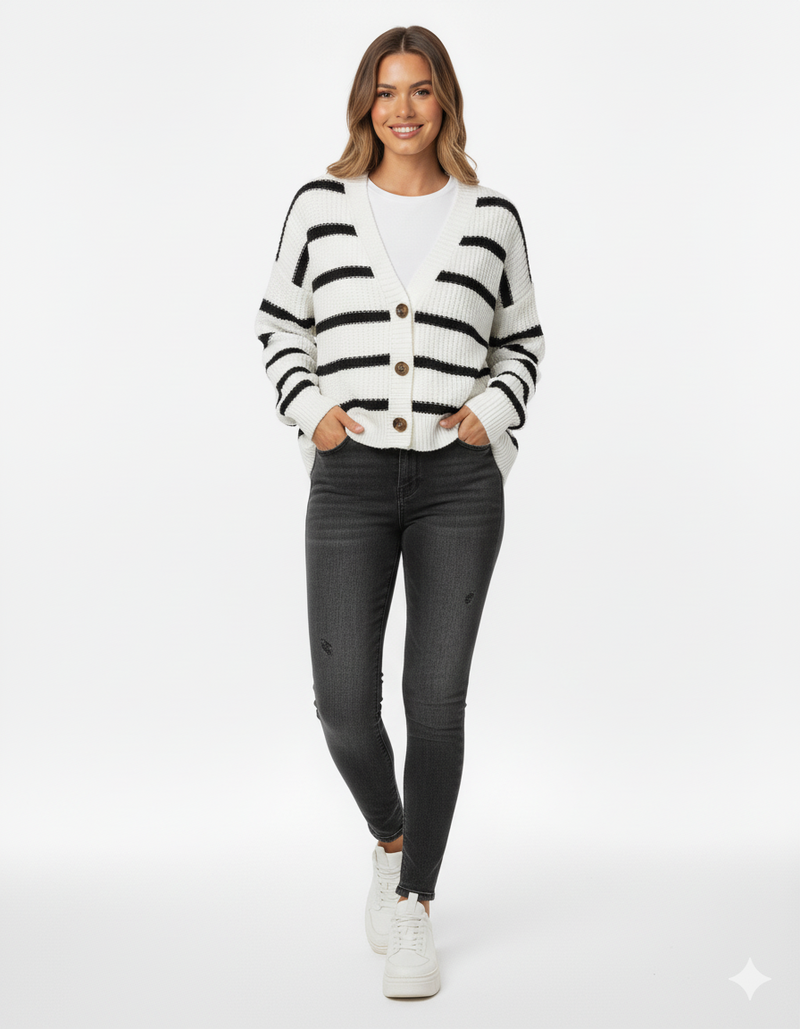 Women's Relaxed Fit Striped Knit Cardigan - Stylish Button-Up Sweater for Everyday Wear