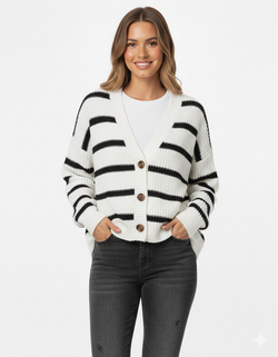 Women's Relaxed Fit Striped Knit Cardigan - Stylish Button-Up Sweater for Everyday Wear