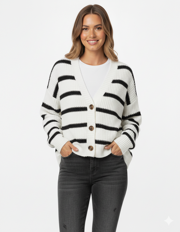 Women's Relaxed Fit Striped Knit Cardigan - Stylish Button-Up Sweater for Everyday Wear